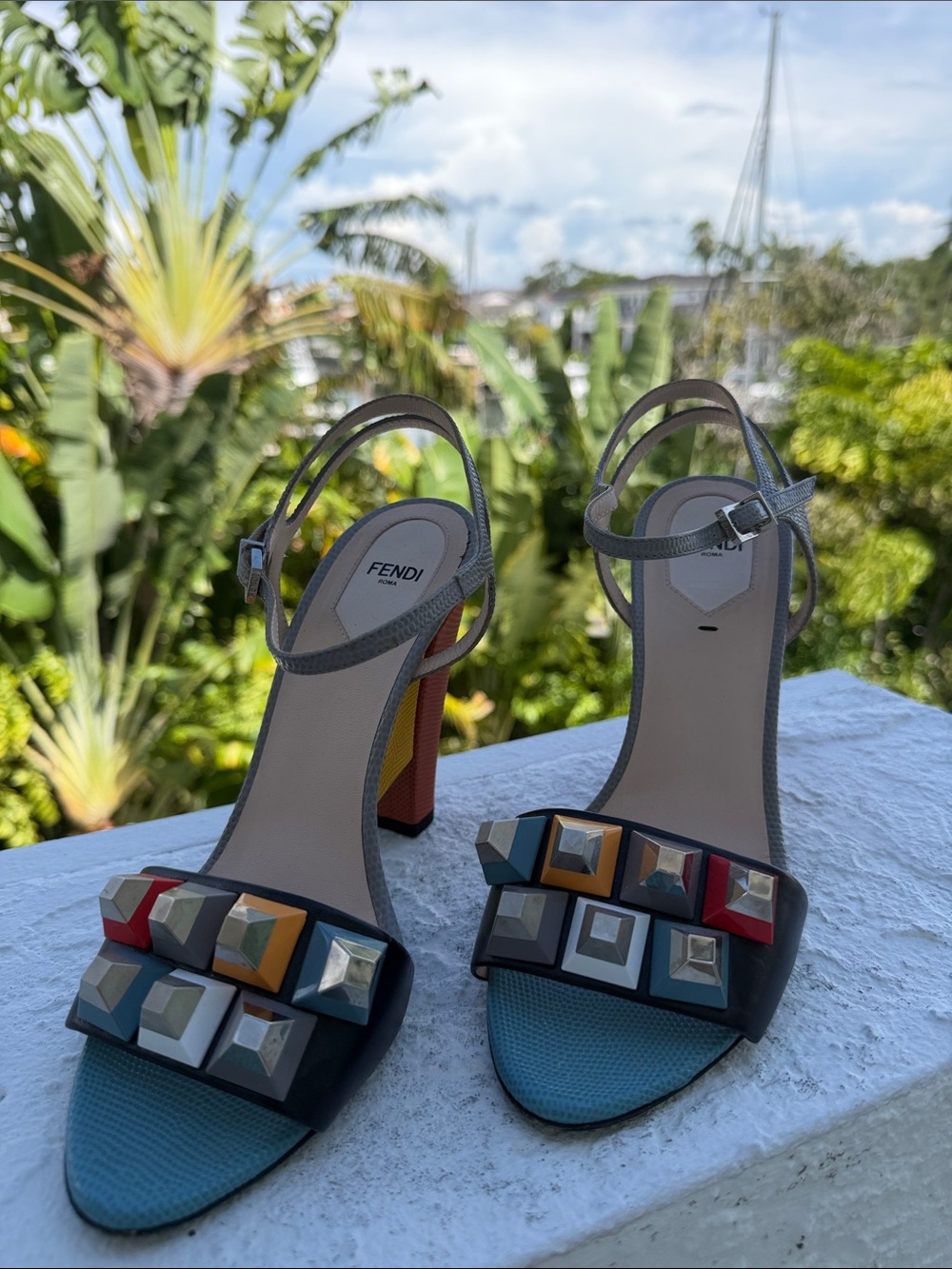 Fendi Multicolor Stud Block Heel Sandals with Blue Toe
